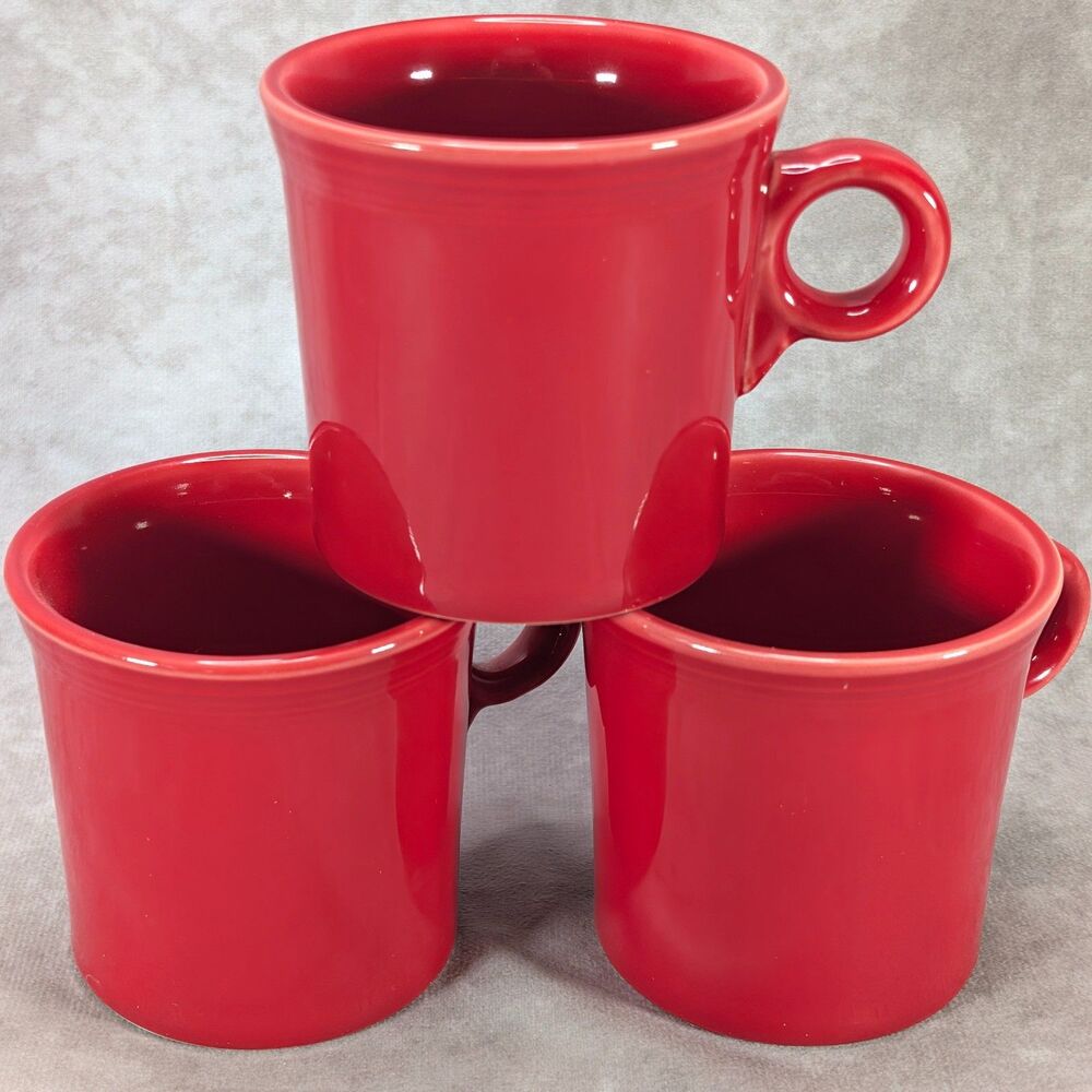 Fiesta HLC Red Ceramic Ring Handle Coffee Mugs Tea Cups Set Of 3 Made In USA